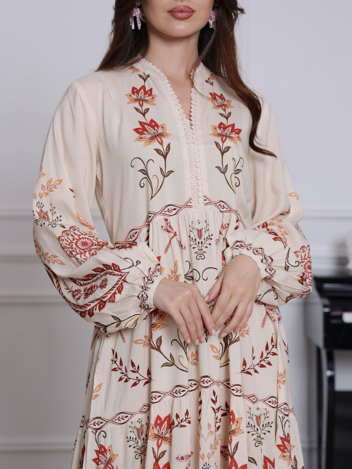 Zaurea Cream Floral Panel Dress