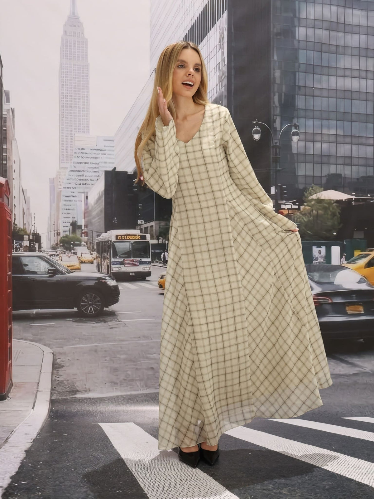 Lisa Plaid Fish Panel Long Dress