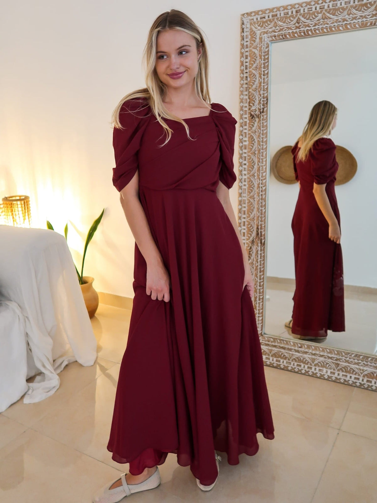 Reese Pleated Maroon Long Dress
