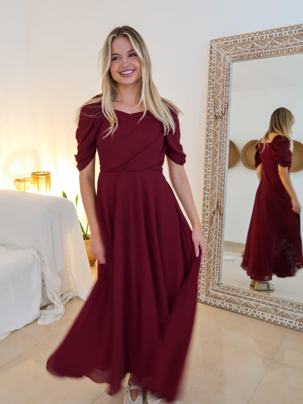 Reese Pleated Maroon Long Dress