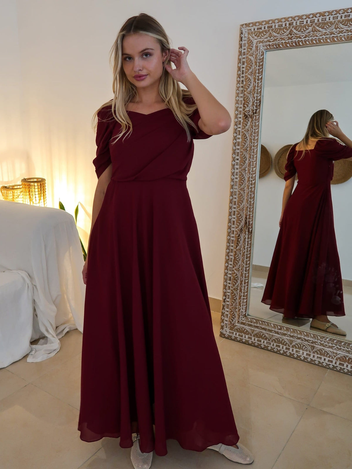Reese Pleated Maroon Long Dress