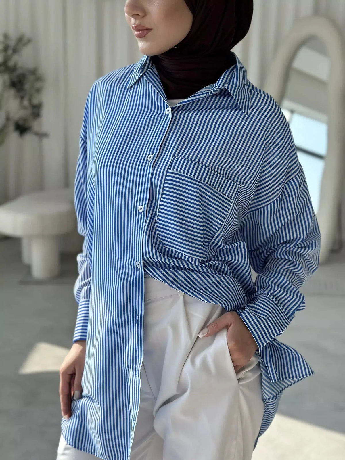 Blue and White Boyfriend Stripe Shirt