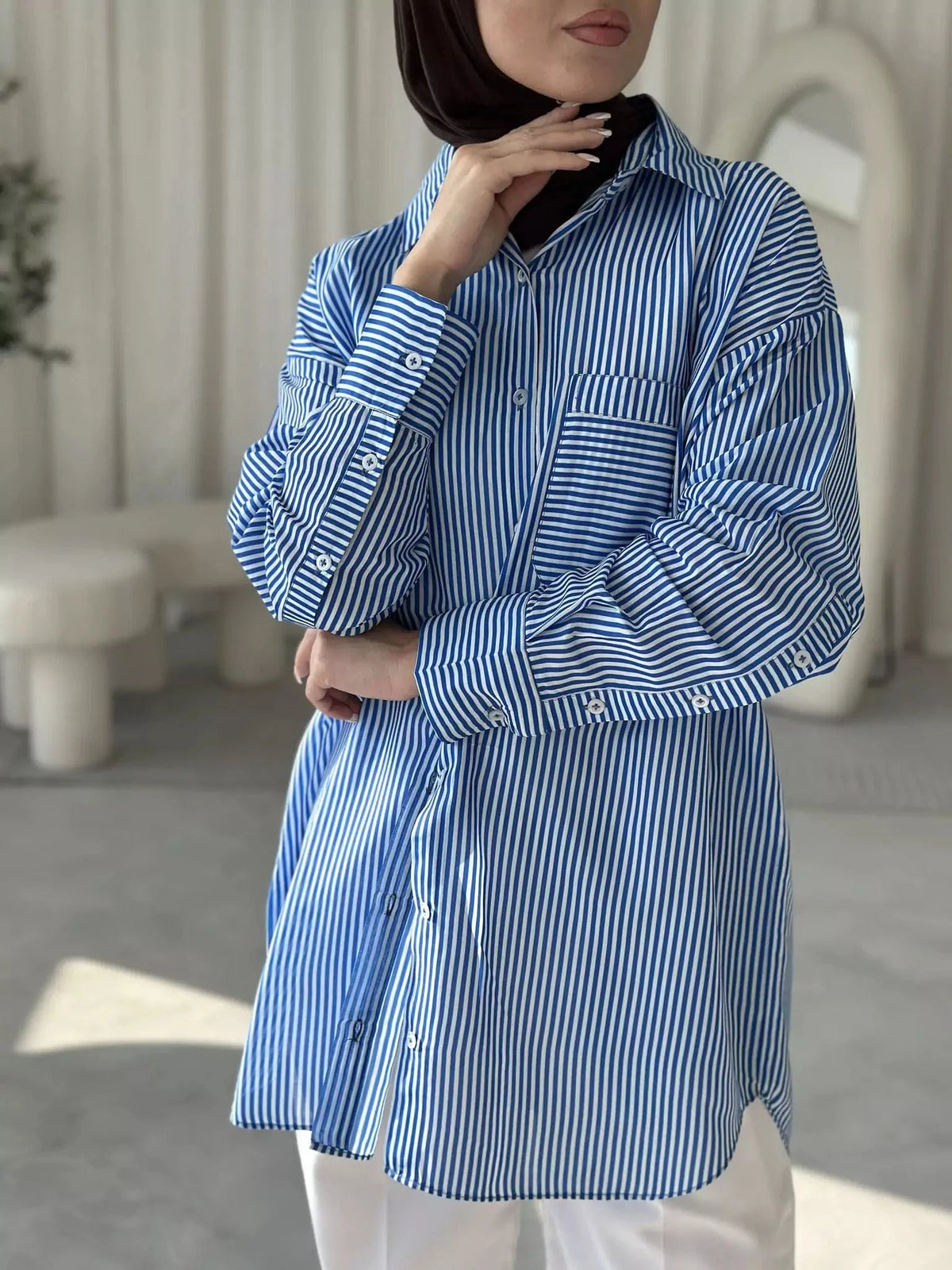 Blue and White Boyfriend Stripe Shirt