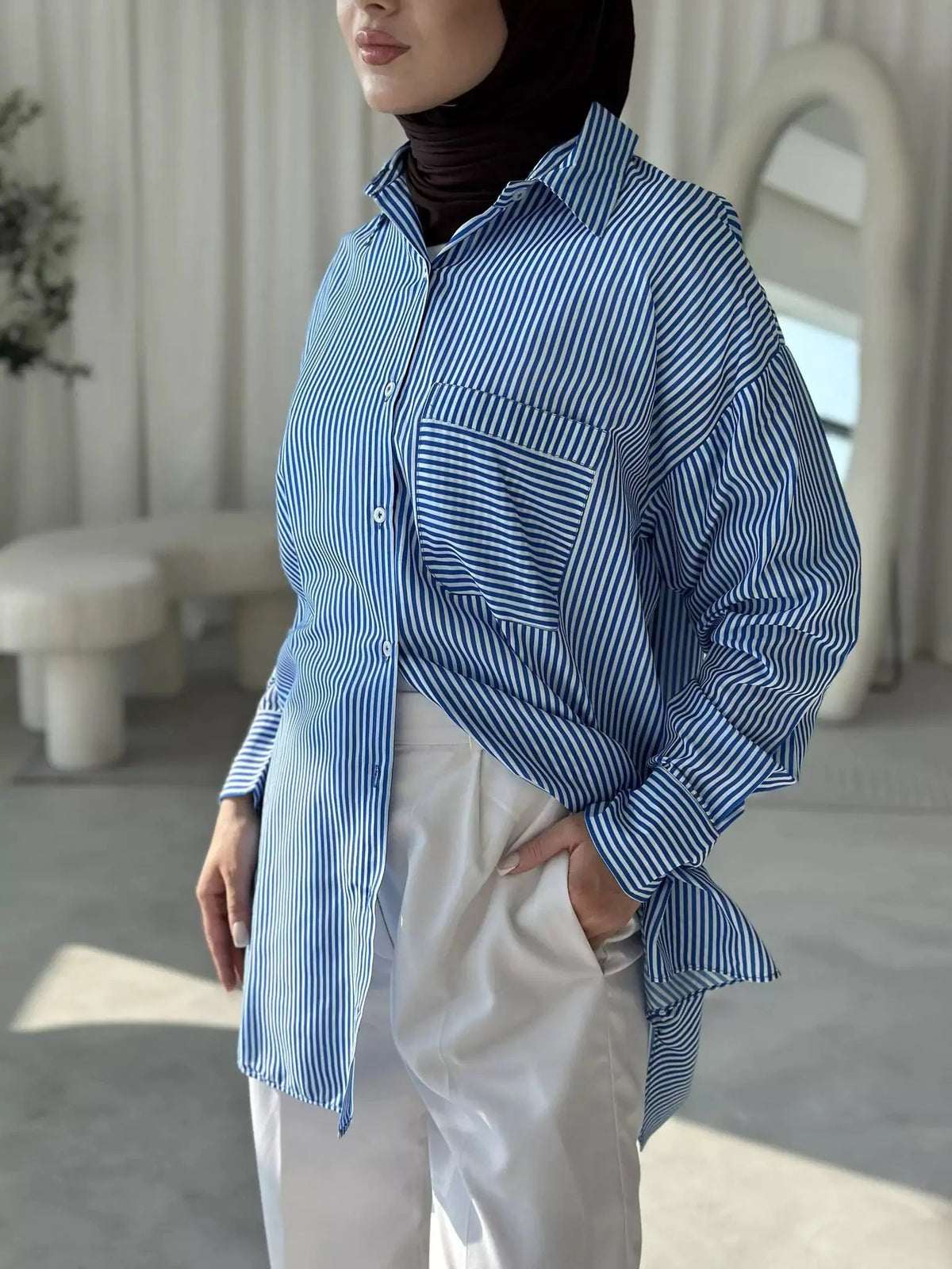 Blue and White Boyfriend Stripe Shirt